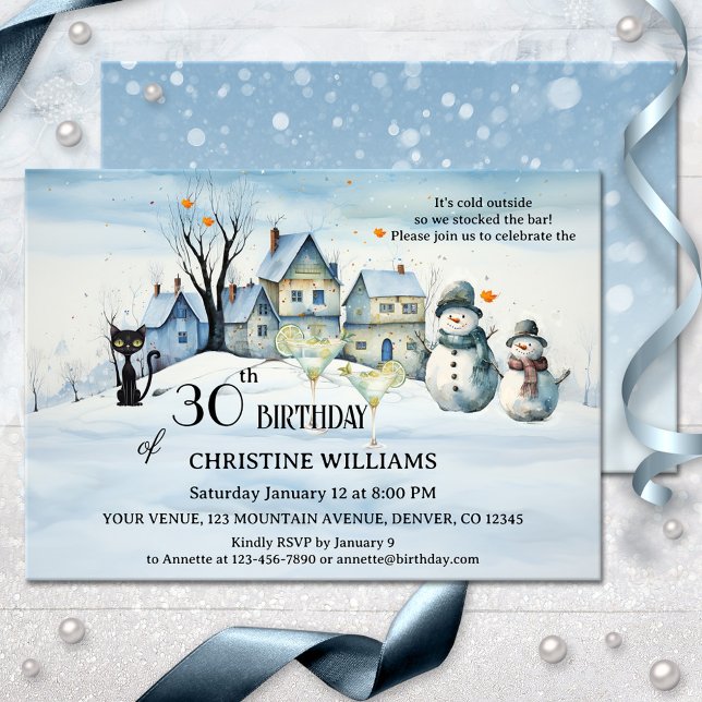 Invitation Fête d'anniversaire d'hiver adulte moderne (Adult winter birthday invitation featuring a watercolor snow covered landscape with a black cat)