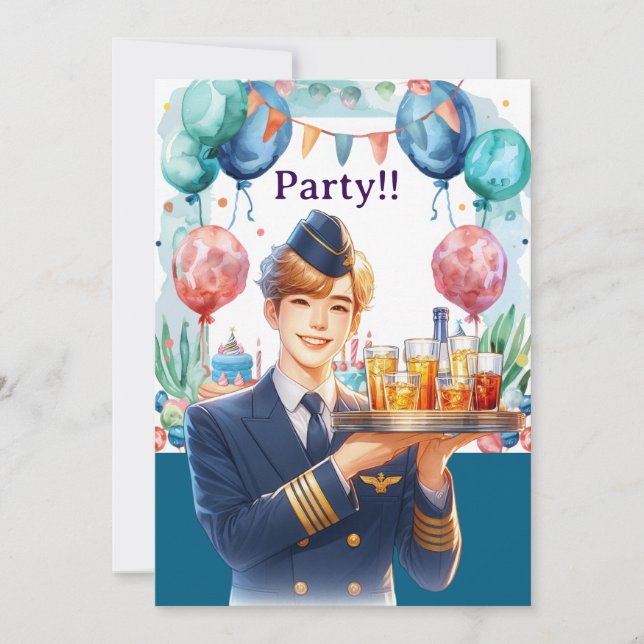 Invitation Fête d'anniversaire d'hôtesse de l'air  (Devant)