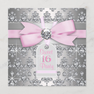 Invitation Fête d'anniversaire diamant argent rose et gris