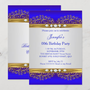 Invitation Fête d'anniversaire Diamant Blanc Or Bleu Royal