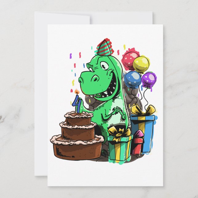 Invitation Fête d'anniversaire Dino pour un enfant de 4 ans (Devant)