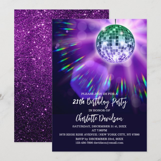 Invitation Fête d'anniversaire disco 21 ans (Devant / Derrière)