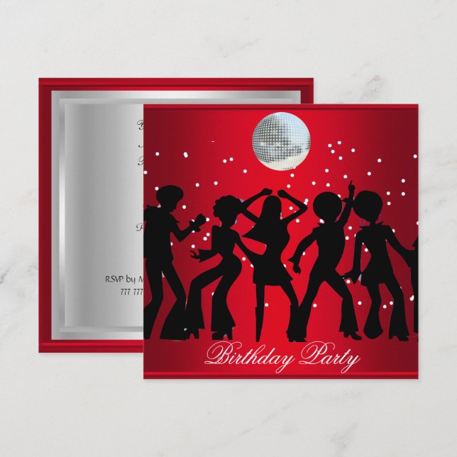 Invitation fête d'anniversaire Disco 70's Rouge (Devant / Derrière)