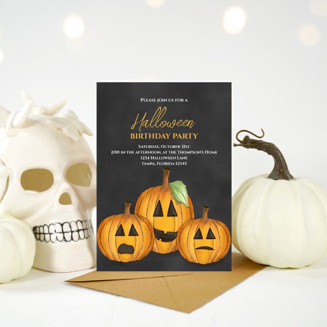 Invitation Fête d'anniversaire d'Orange Citrouille (Halloween birthday party orange and black pumpkin invitations)
