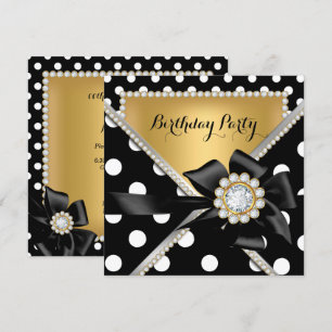 Invitation Fête d'anniversaire dorée pois noirs et blancs
