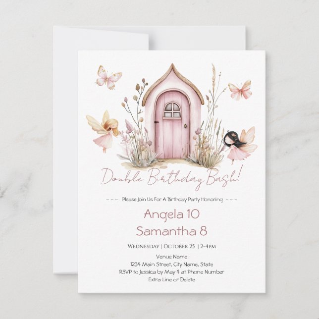 Invitation Fête d'anniversaire double des Pink Fairies pour e (Devant)
