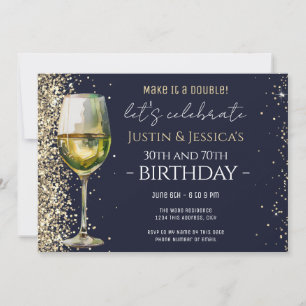 Invitation Fête d'anniversaire Double Verre de Vin Bleu Paill