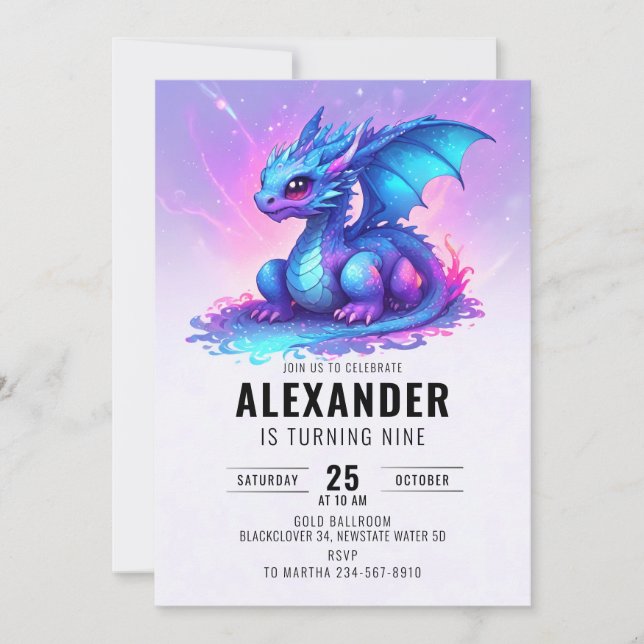 Invitation Fête d'anniversaire Dragon Blue Pink (Devant)