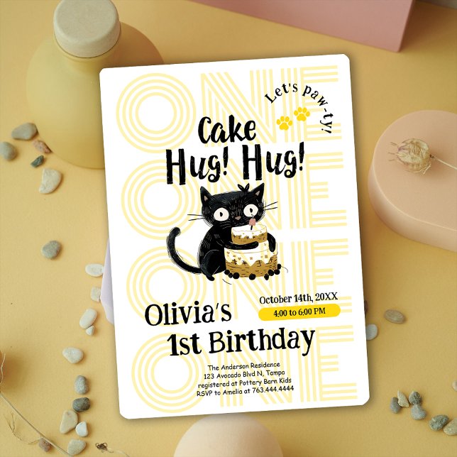 Invitation Fête d'anniversaire drôle pour le 1er anniversaire (Cute Black Cat 1st Birthday Party Invitation)