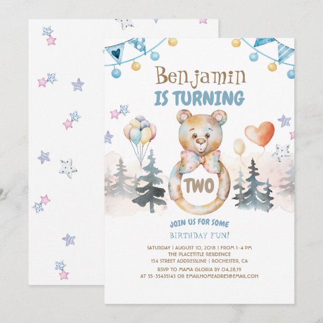 Invitation Fête d'anniversaire du bébé d'ours de nounours (Devant / Derrière)