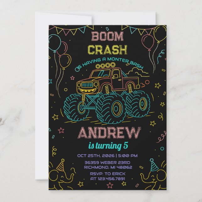 Invitation Fête d'anniversaire du Camion Bash Monster (Devant)