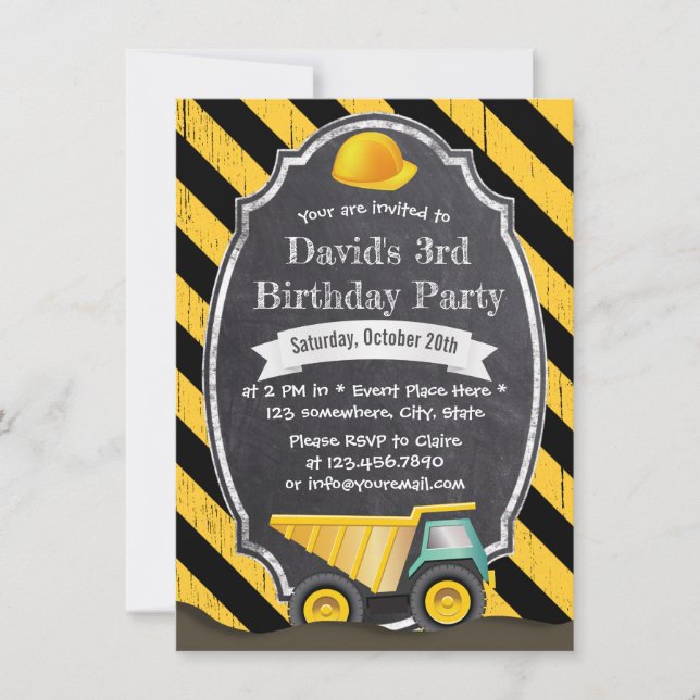 Invitation Fête d'anniversaire du camion-citerne de construct (Devant)
