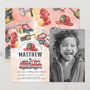 Invitation Fête d'anniversaire du camion de moteur de feu rou