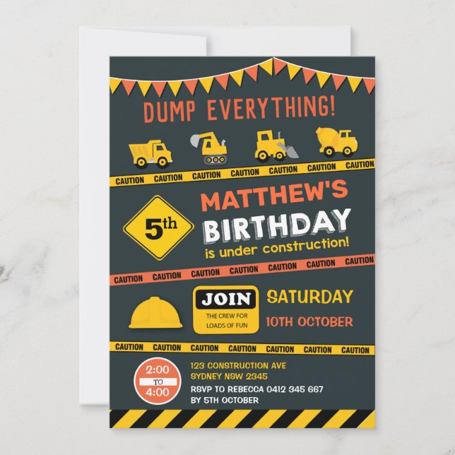 Invitation Fête d'anniversaire du camion de vidange de constr (Devant)