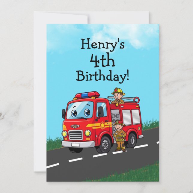 Invitation Fête d'anniversaire du camion-feu pour enfants (Devant)