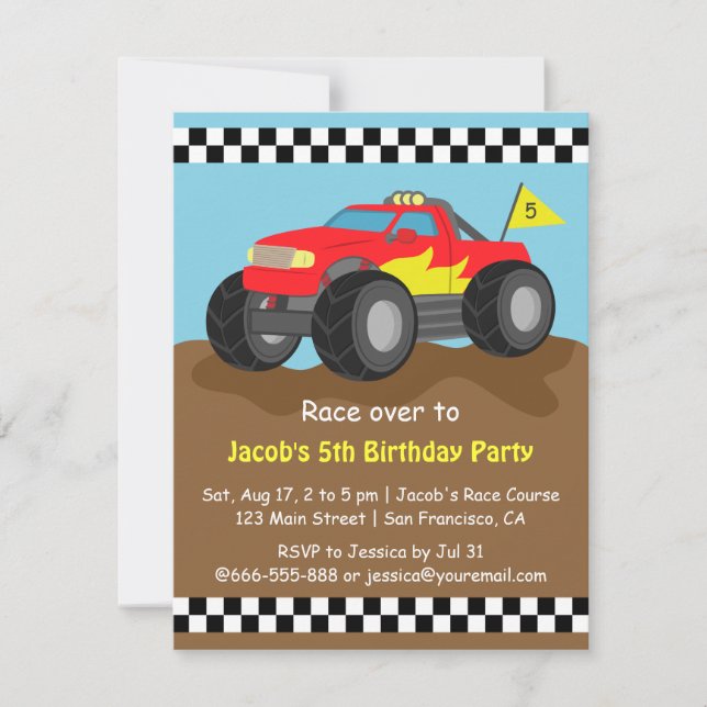 Invitation Fête d'anniversaire du Camion Fiery Red Monster (Devant)