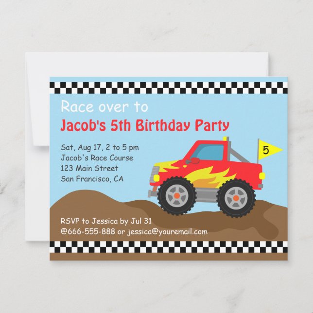 Invitation Fête D'Anniversaire Du Camion Red Monster Pour Les (Devant)