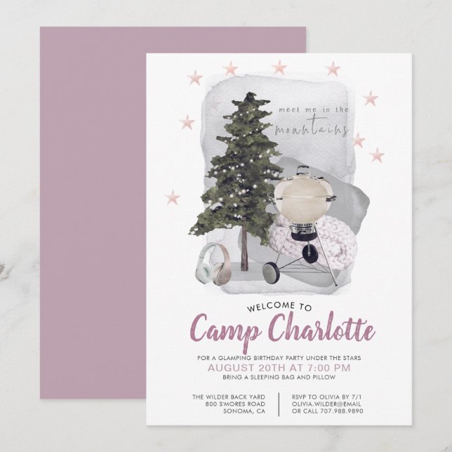Invitation Fête d'anniversaire du Camping Glamping (Devant / Derrière)