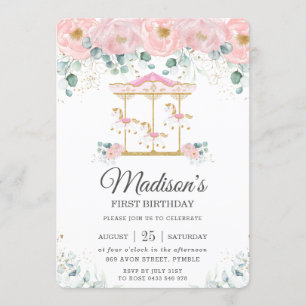 Invitation Fête d'anniversaire du Carousel floral rose géant