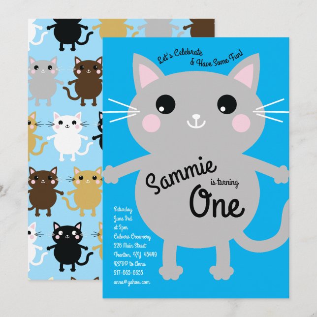 Invitation Fête d'anniversaire du chat (Devant / Derrière)