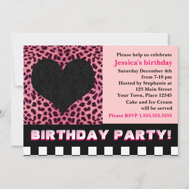 Invitation Fête d'anniversaire du Coeur du Cheetah - rose (Devant)