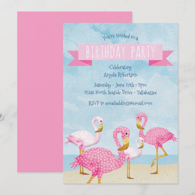 Invitation Fête d'anniversaire du Flamant rose rose (Devant / Derrière)