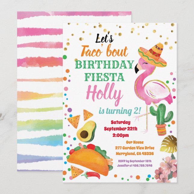 Invitation Fête d'anniversaire du Flamant rose Taco (Devant / Derrière)