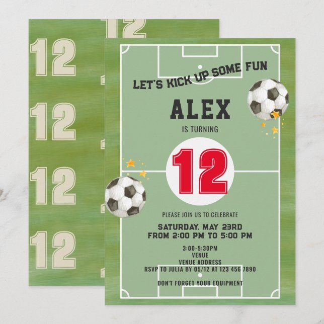 Invitation Fête d'anniversaire du football de terrain de foot (Devant / Derrière)