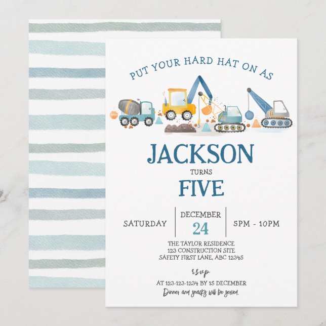 Invitation Fête d'anniversaire du garçon de construction Digg (Devant / Derrière)