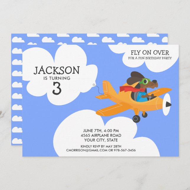 Invitation Fête d'anniversaire du garçon mignon d'avion de (Devant / Derrière)