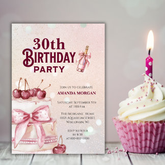 Invitation Fête d'anniversaire du gâteau rose cerise