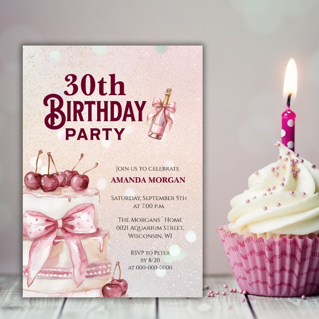 Invitation Fête d'anniversaire du gâteau rose cerise (Créateur téléchargé)