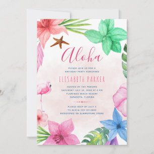 Invitation Fête d'anniversaire du luau hawaïen rose fleuri tr