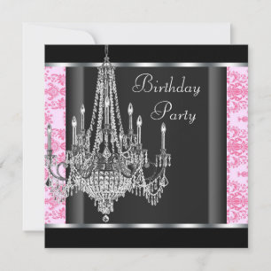 Invitation Fête d'anniversaire du lustre Damas noir rose