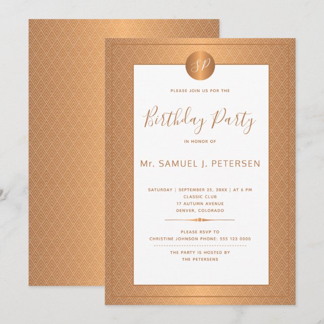 Invitation Fête d'anniversaire du Monogramme blanc métallique (Devant / Derrière)