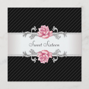 Invitation Fête d'anniversaire du noir Sweet16 de rose de
