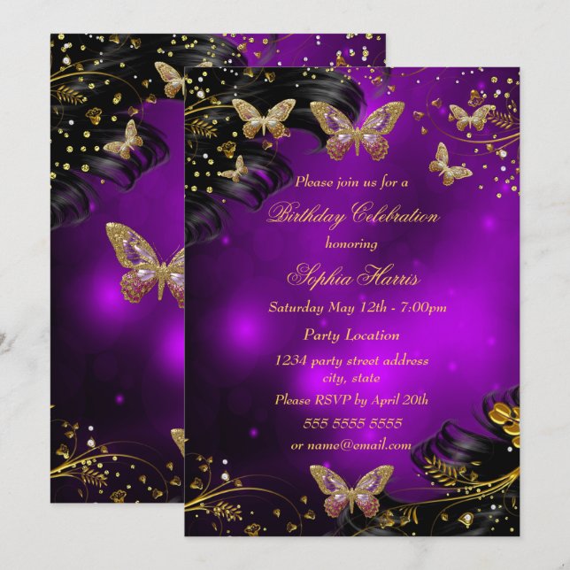 Invitation Fête d'anniversaire du papillon noir violet étince (Devant / Derrière)