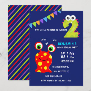 Invitation Fête d'anniversaire du petit garçon monstre 2 ans