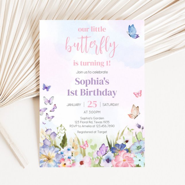 Invitation Fête d'anniversaire du petit papillon floral (Little Butterfly Floral Birthday Party)