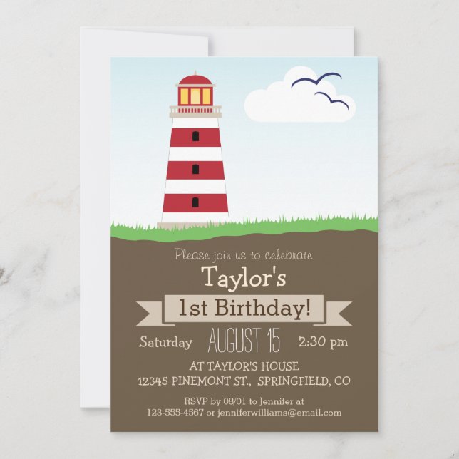 Invitation Fête d'anniversaire du phare marin mignon pour enf (Devant)