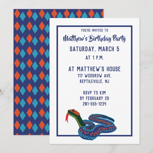 Invitation Fête d'anniversaire du serpent à carreaux de Calif (Devant / Derrière)
