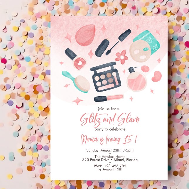 Invitation Fête d'anniversaire du spa de beauté glitz et glam (Créateur téléchargé)