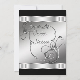 Invitation Fête d'anniversaire du Sweet sixteen d'argent noir
