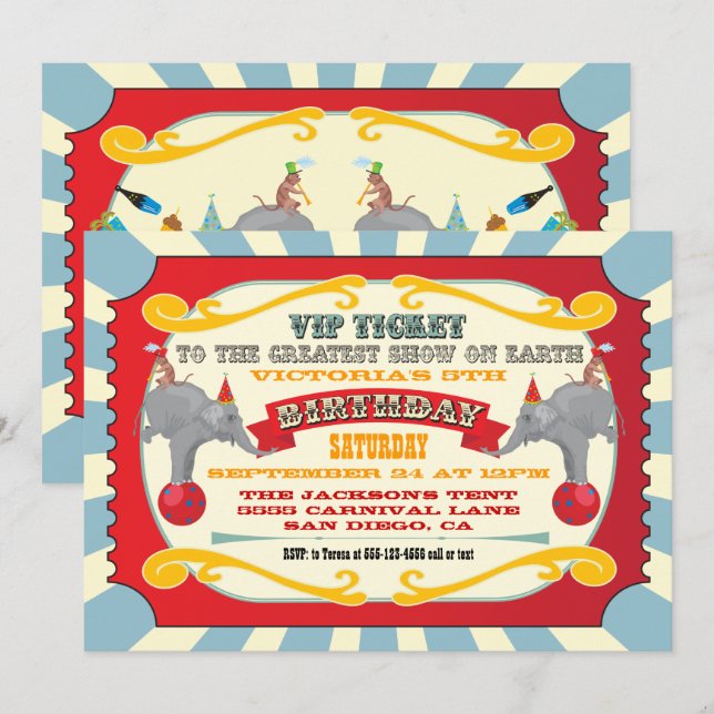 Invitation Fête d'anniversaire du ticket VIP Circus (Devant / Derrière)