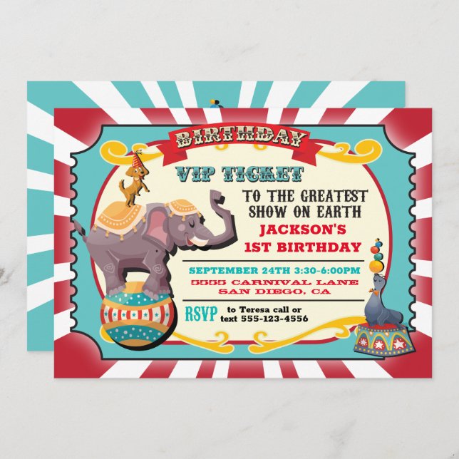 Invitation Fête d'anniversaire du ticket VIP Circus (Devant / Derrière)