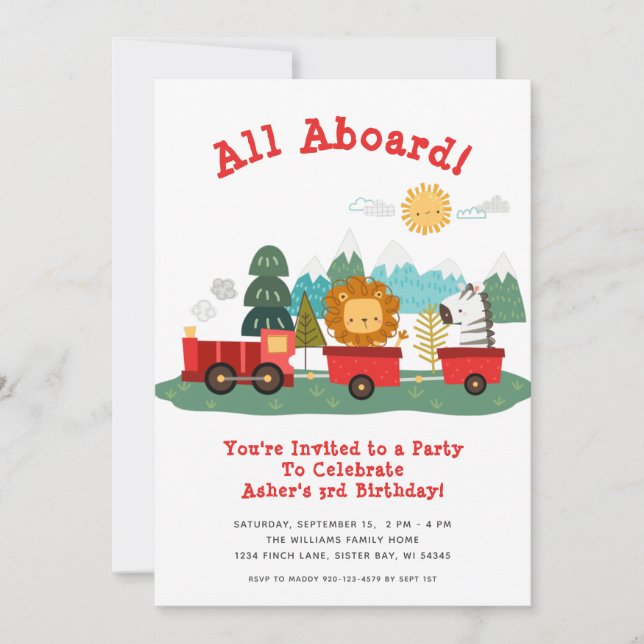 Invitation Fête d'anniversaire du train animal mignon (Devant)