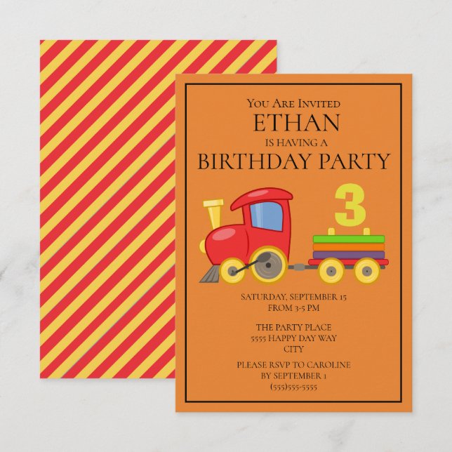 Invitation Fête d'anniversaire du train rouge jaune orange (Devant / Derrière)