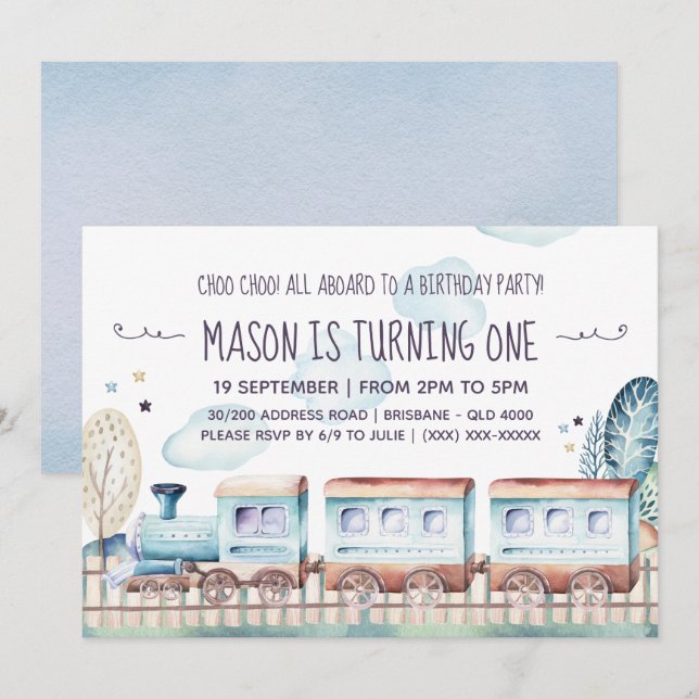 Invitation Fête d'anniversaire du train Watercolor (Devant / Derrière)