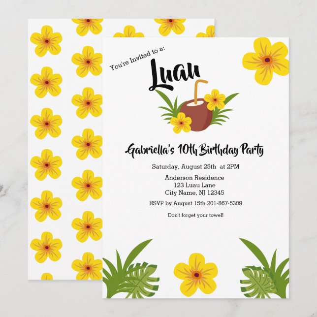 Invitation Fête d'anniversaire du Tropical Luau Coconut (Devant / Derrière)