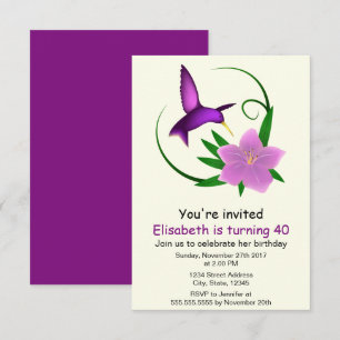 Invitation Fête d'anniversaire d'un colibri aux fleurs roses